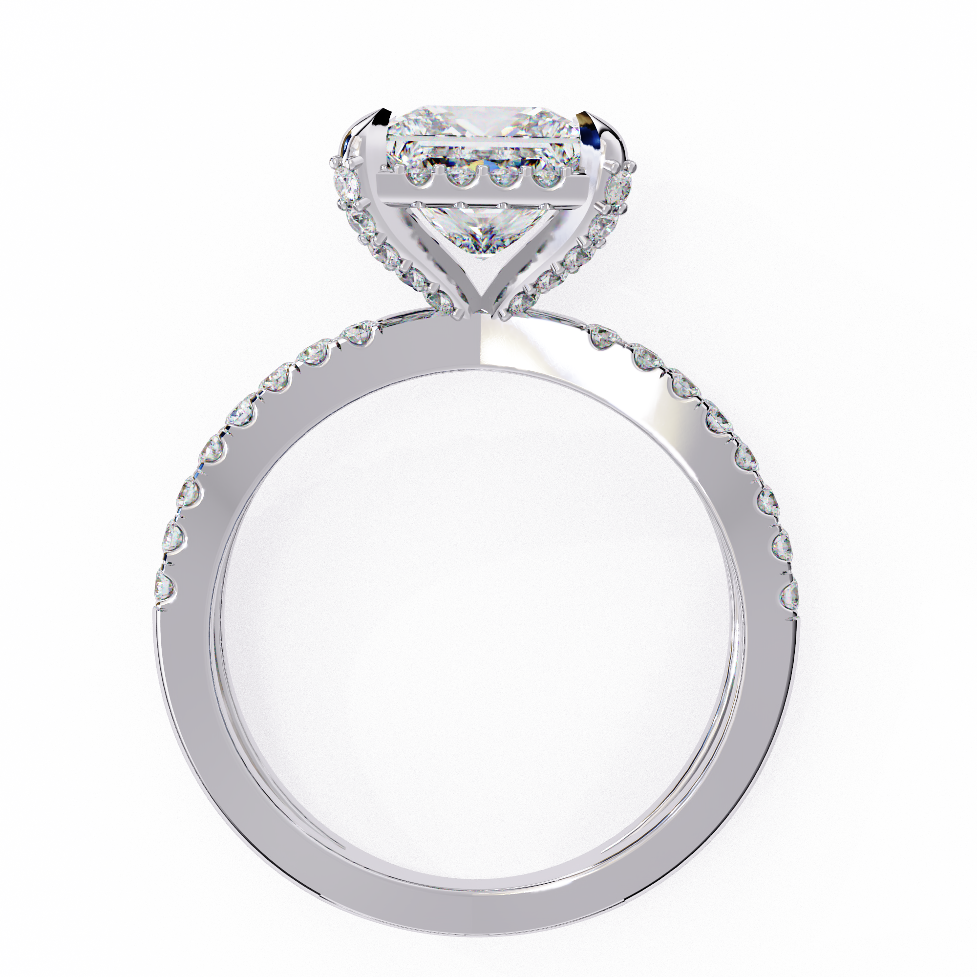 Diamond ring with a white gold band on a white background