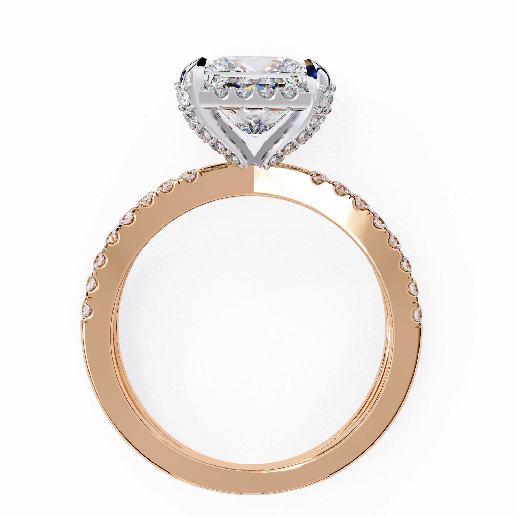 Rose gold ring with a diamond on a white background