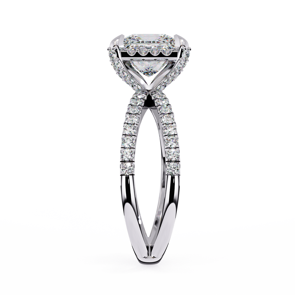 Diamond ring with a white gold band on a white background