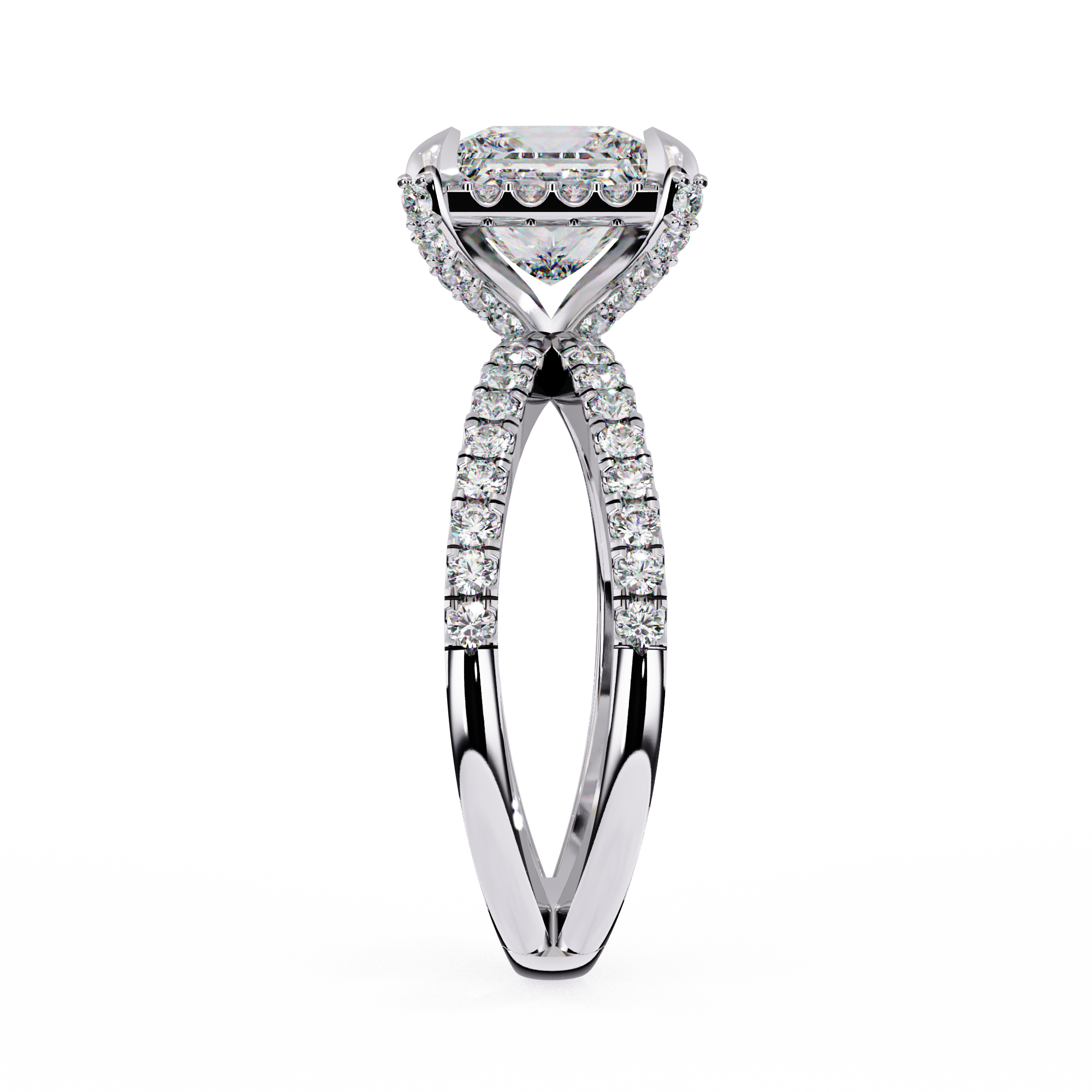 Diamond ring with a white gold band on a white background