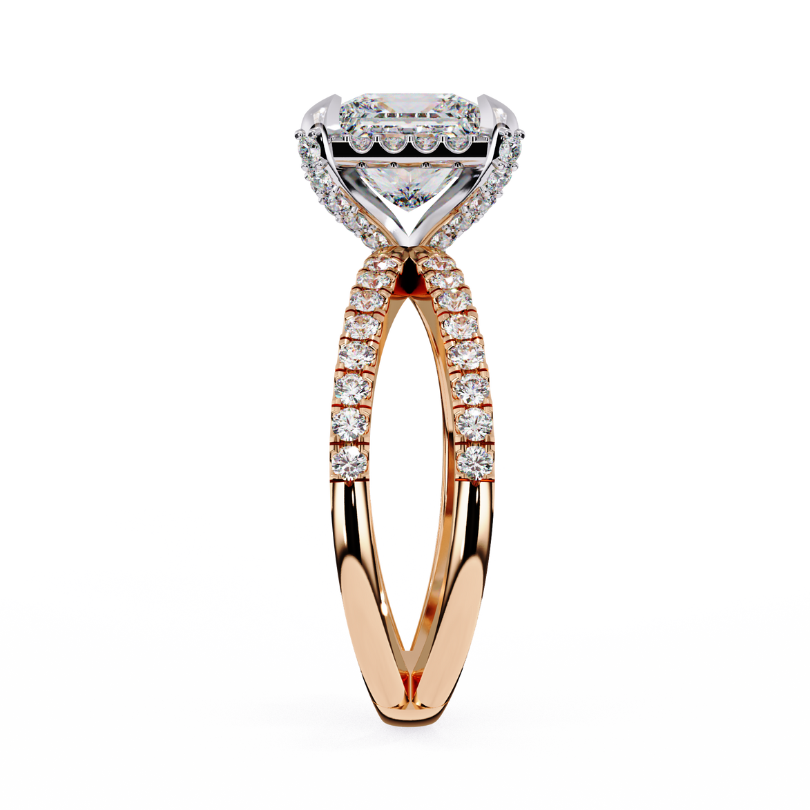 Rose gold and silver diamond ring on a white background
