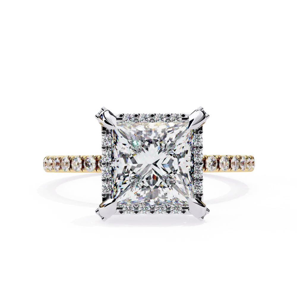 Diamond ring with a prominent princess-cut diamond on a white background