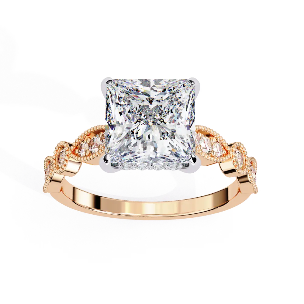 Rose gold ring with a large diamond and smaller diamonds on the band against a white background
