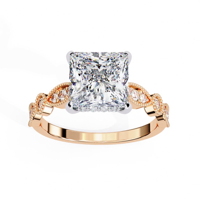 Rose gold ring with a large diamond and smaller diamonds on the band against a white background