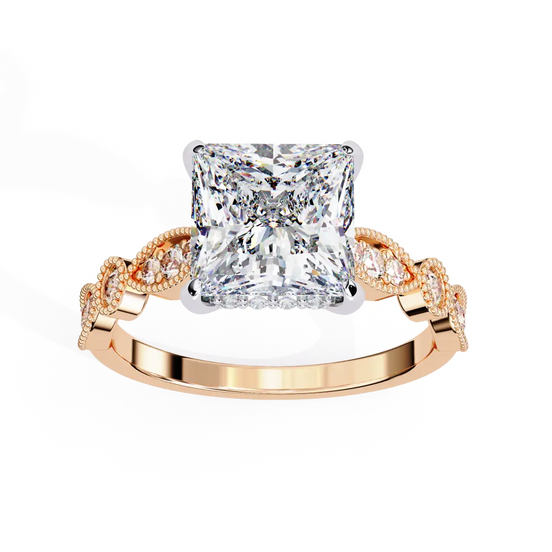 Rose gold ring with a large diamond and smaller diamonds on the band against a white background