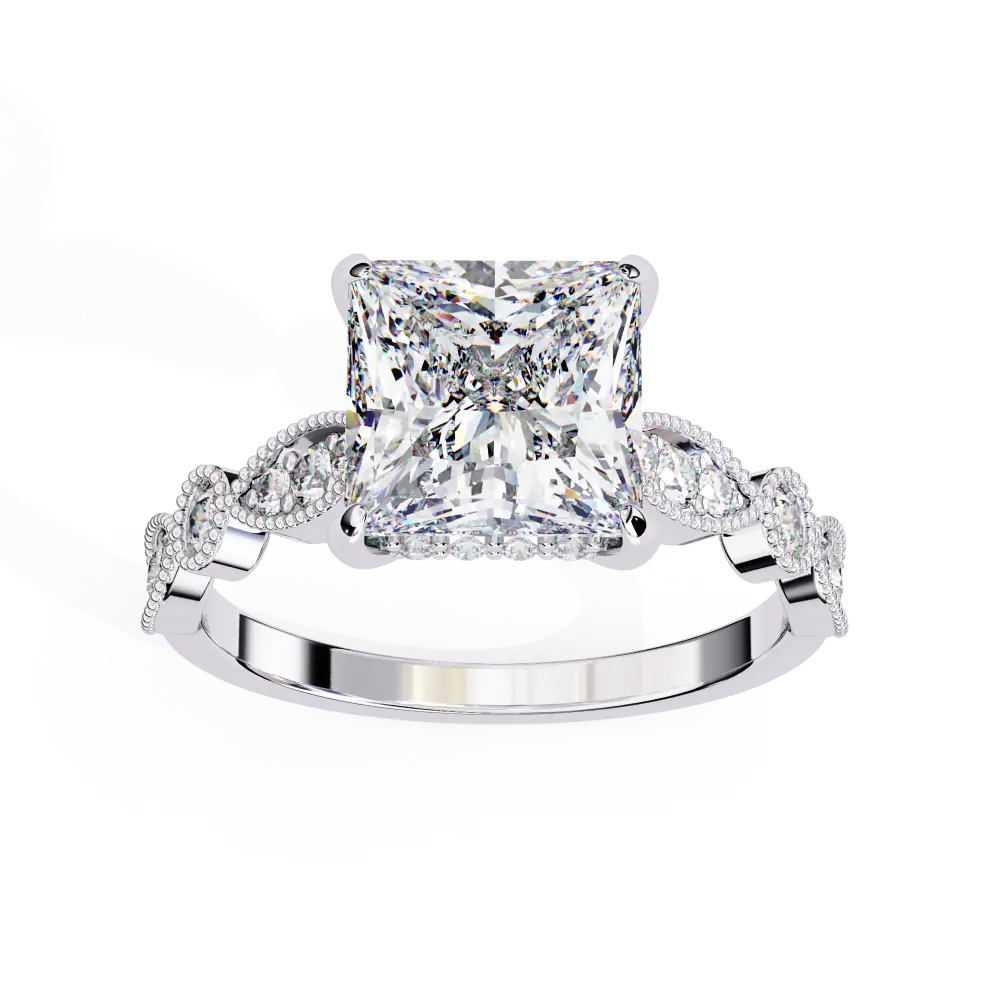 Diamond ring with a prominent princess-cut diamond on a white background