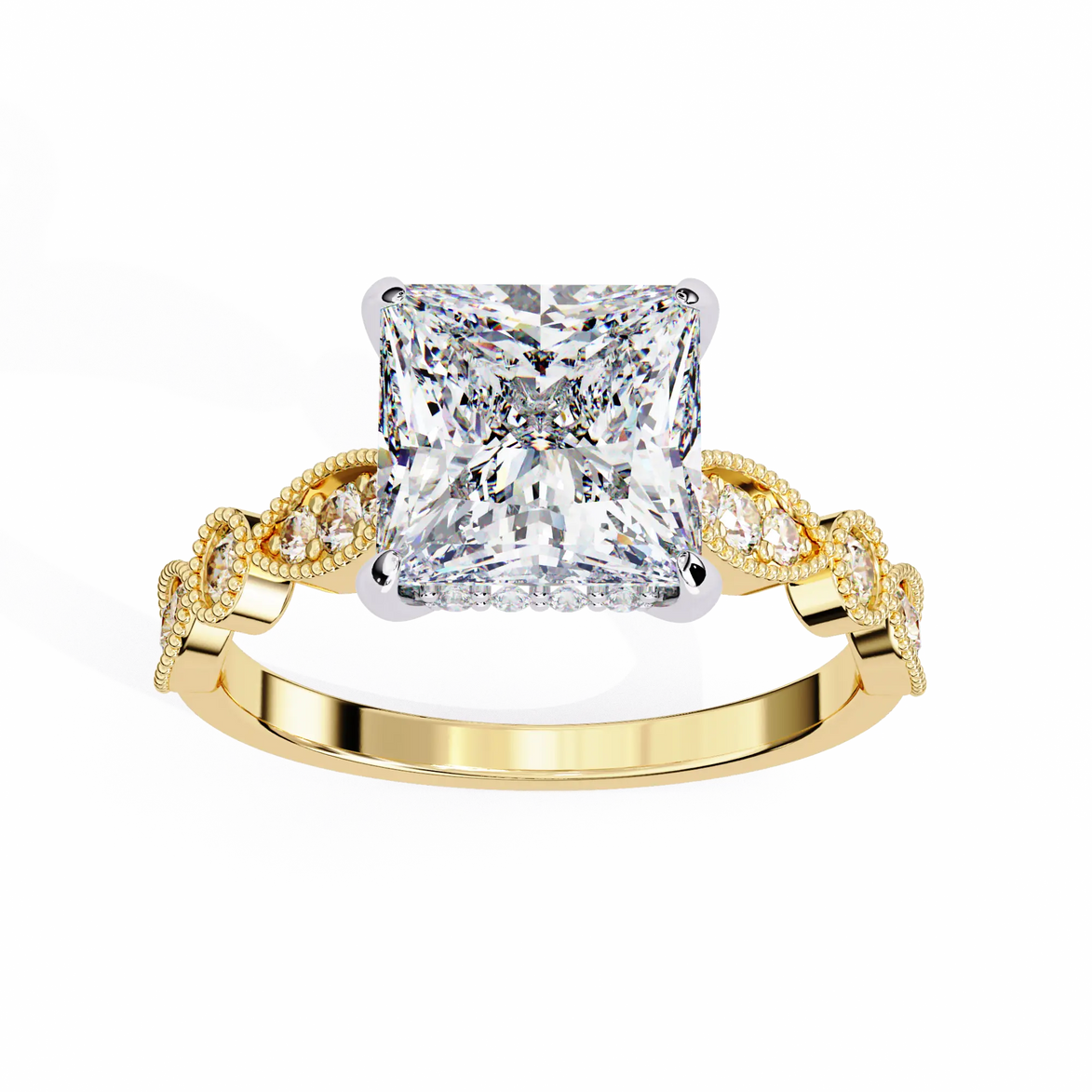 Yellow gold ring with a large diamond and smaller diamonds on the band against a white background