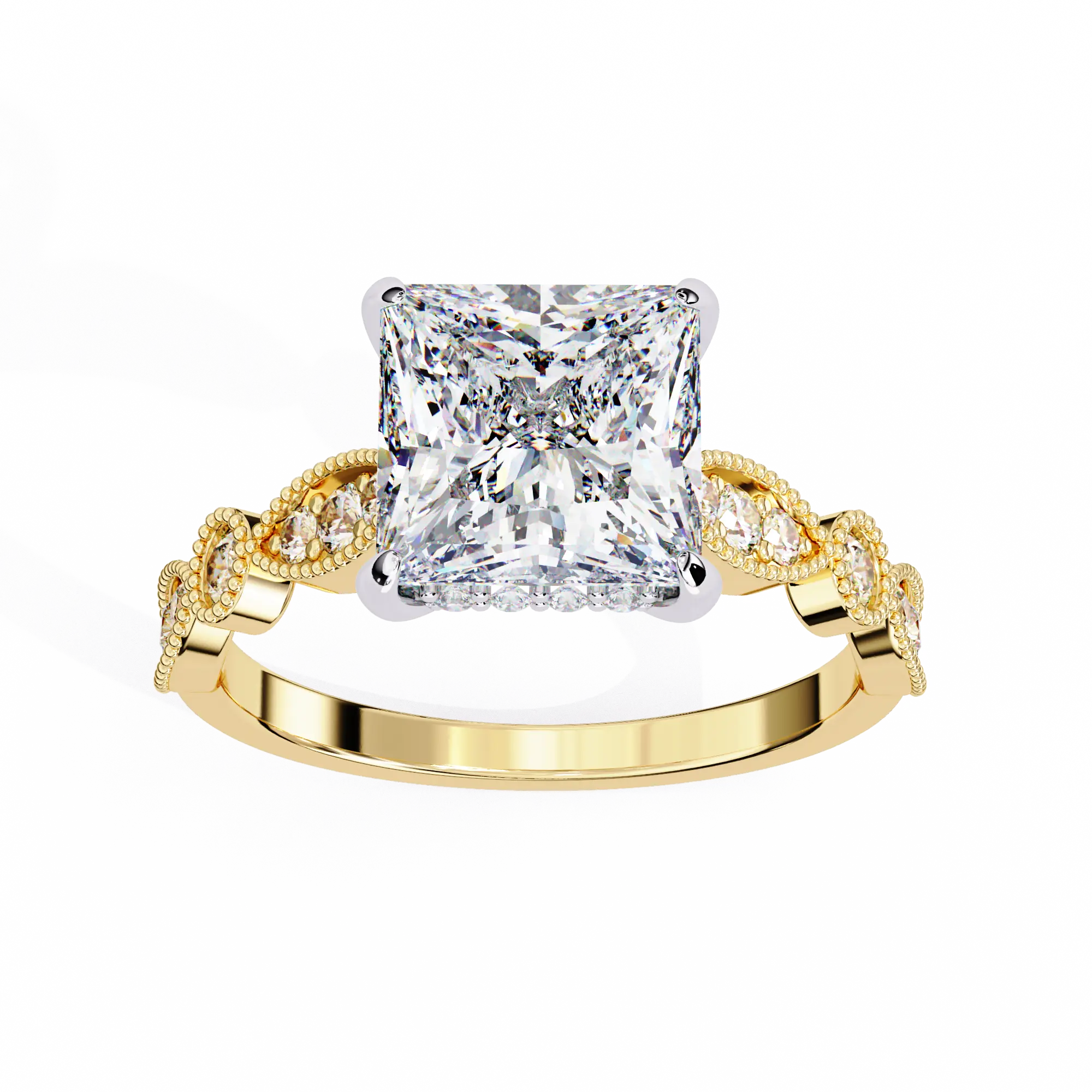 Yellow gold ring with a large diamond and smaller diamonds on the band against a white background