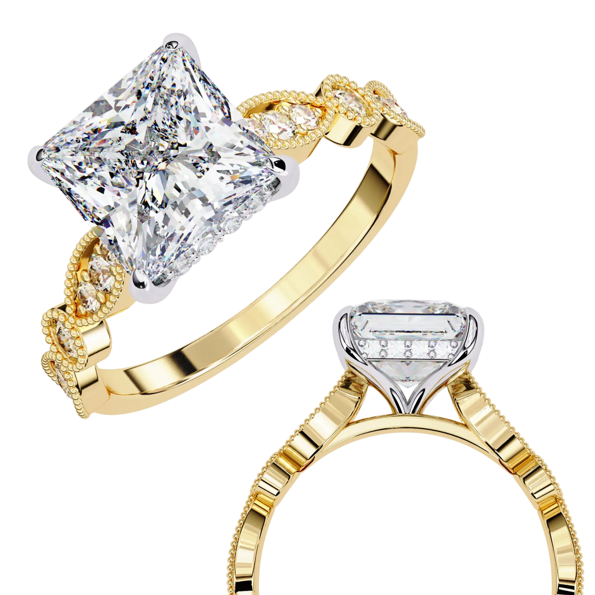 Two gold diamond rings on a white background