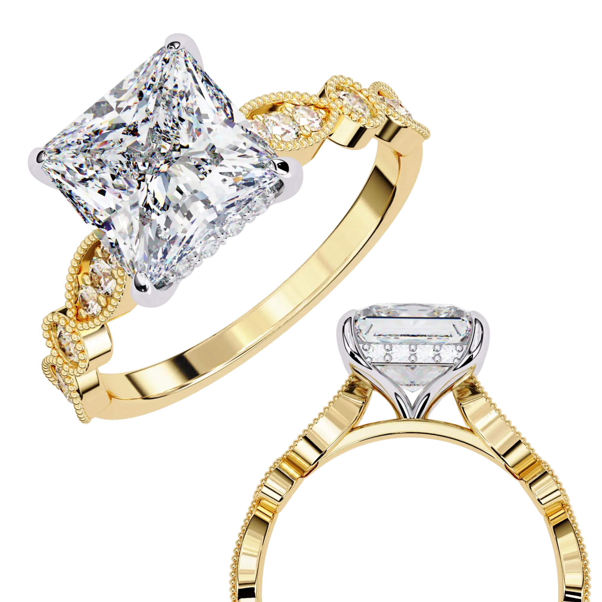 Two gold diamond rings on a white background