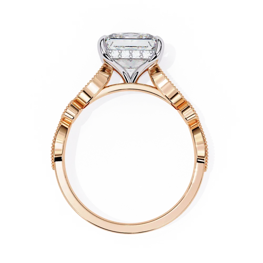 Rose gold ring with a large diamond and smaller diamonds on the band against a white background