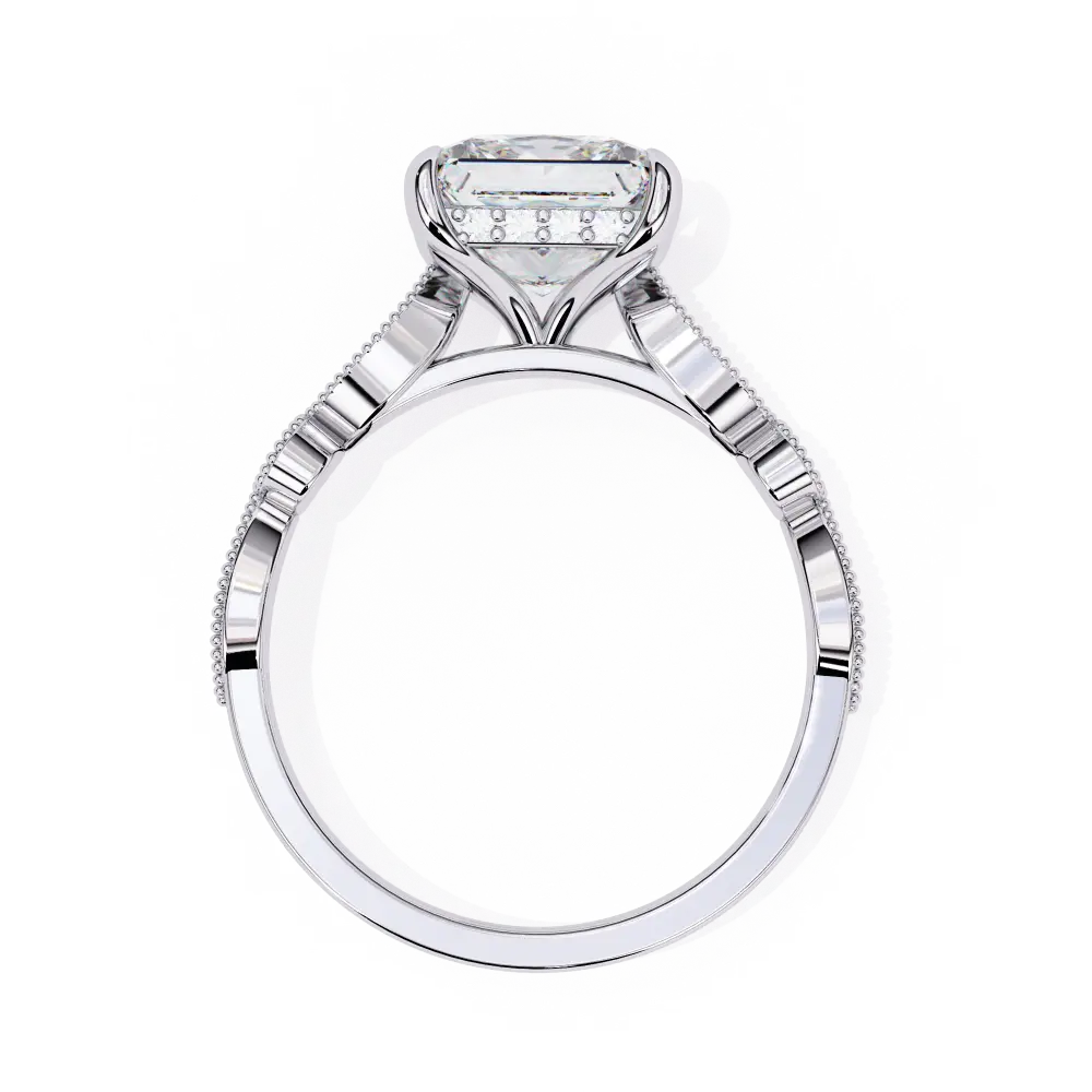White gold ring with a large diamond and smaller diamonds on the band against a white background