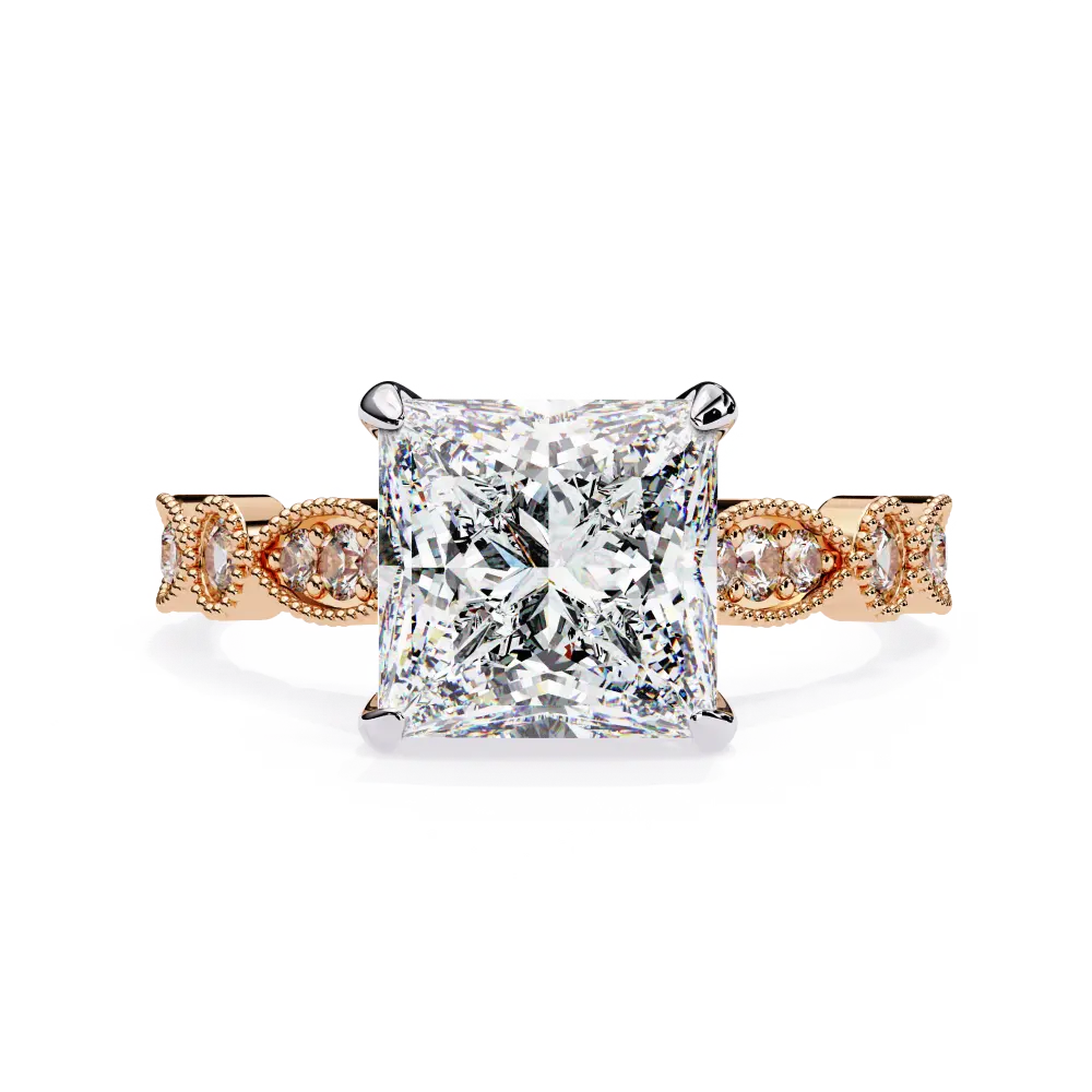 Rose gold ring with a large diamond and smaller diamonds on the band against a white background