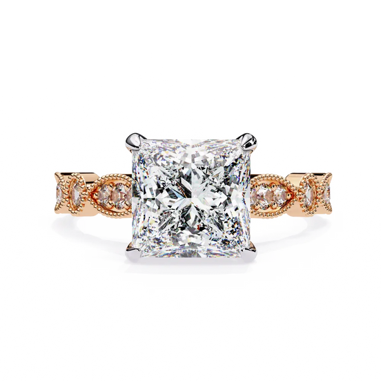 Rose gold ring with a large diamond and smaller diamonds on the band against a white background