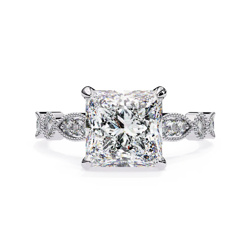 Diamond ring with a square-cut gemstone on a white background