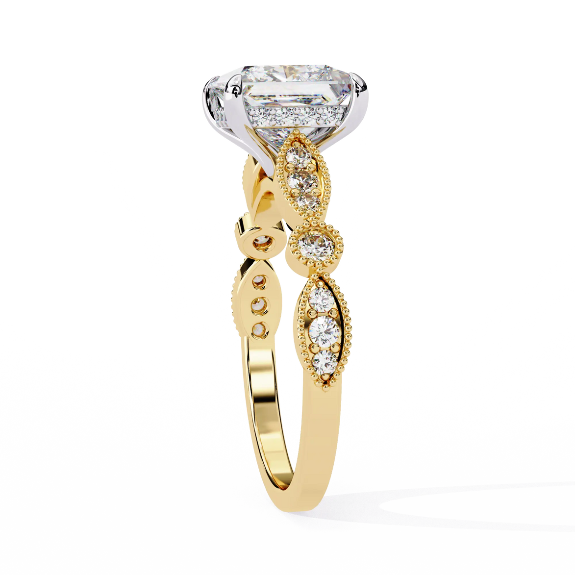 Gold ring with a diamond on a white background