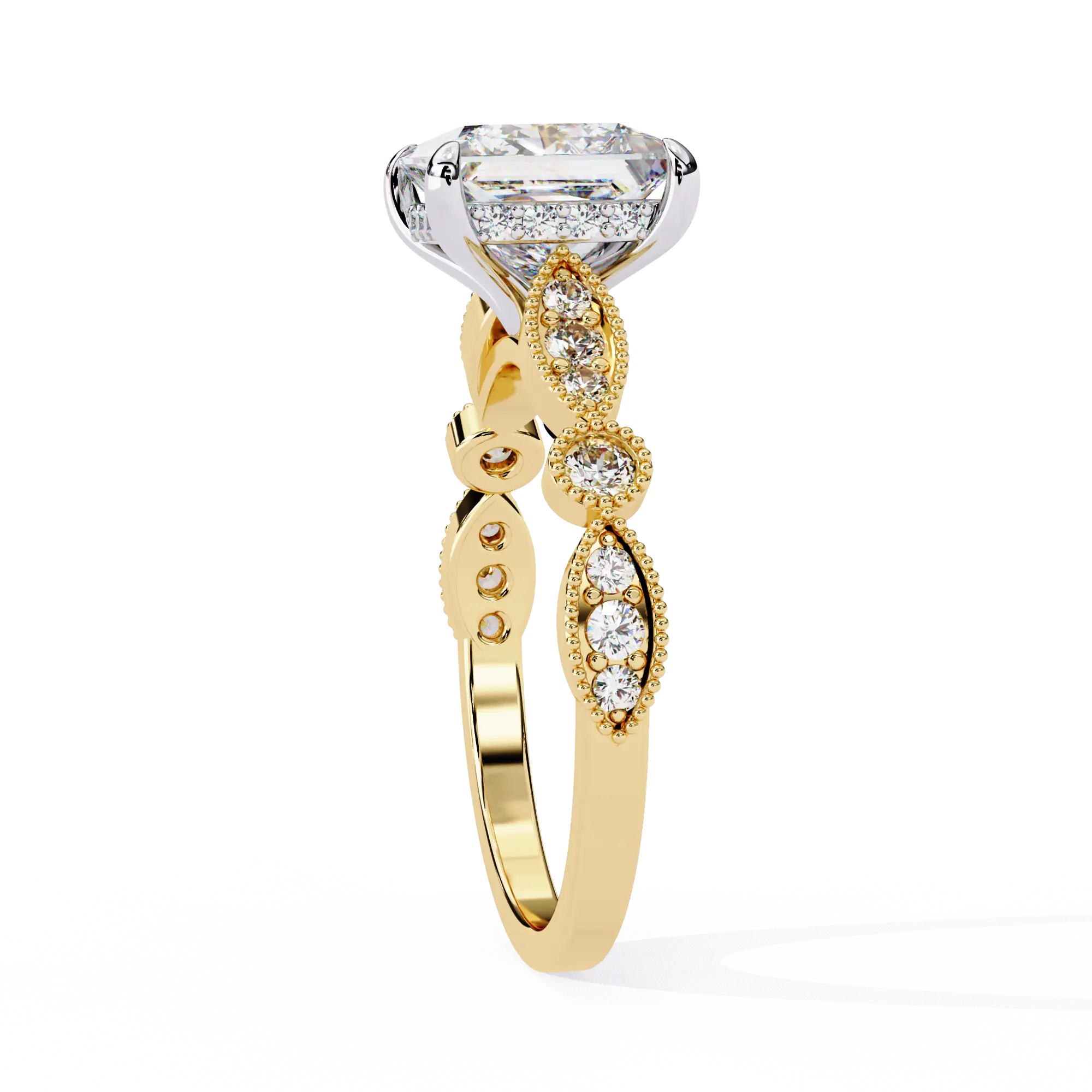 Gold ring with a diamond on a white background