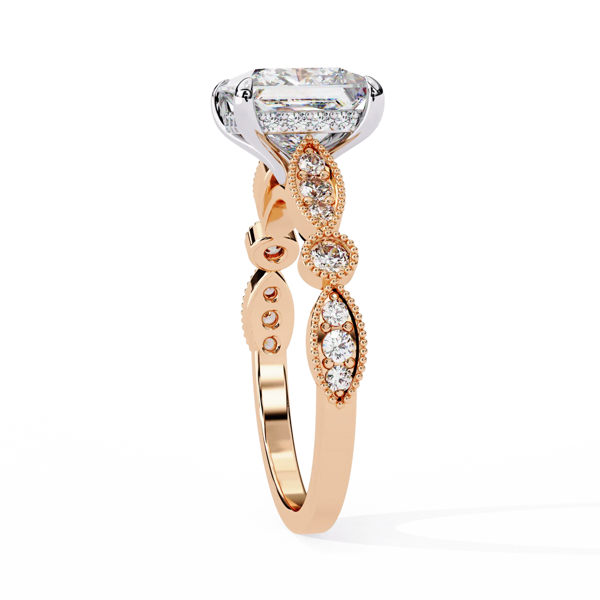 Rose gold ring with a diamond on a white background