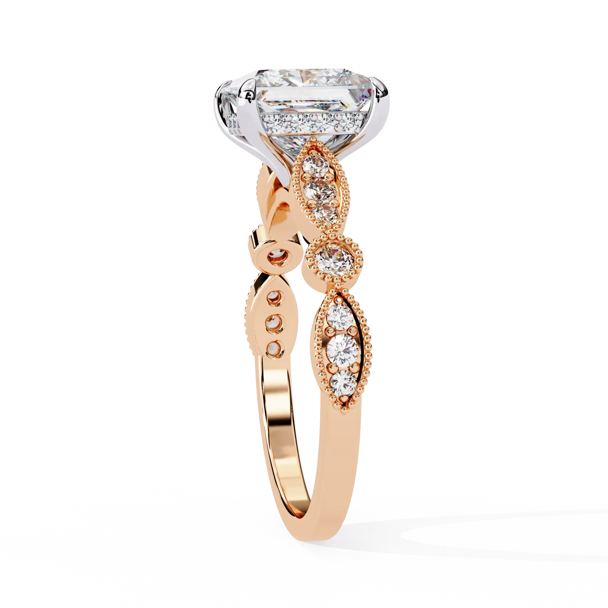 Rose gold ring with a diamond on a white background