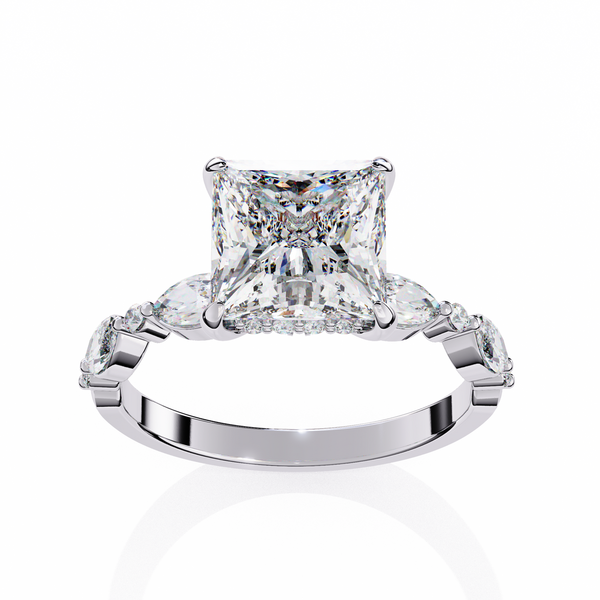 Diamond ring with a prominent central diamond and smaller diamonds on the sides against a white background