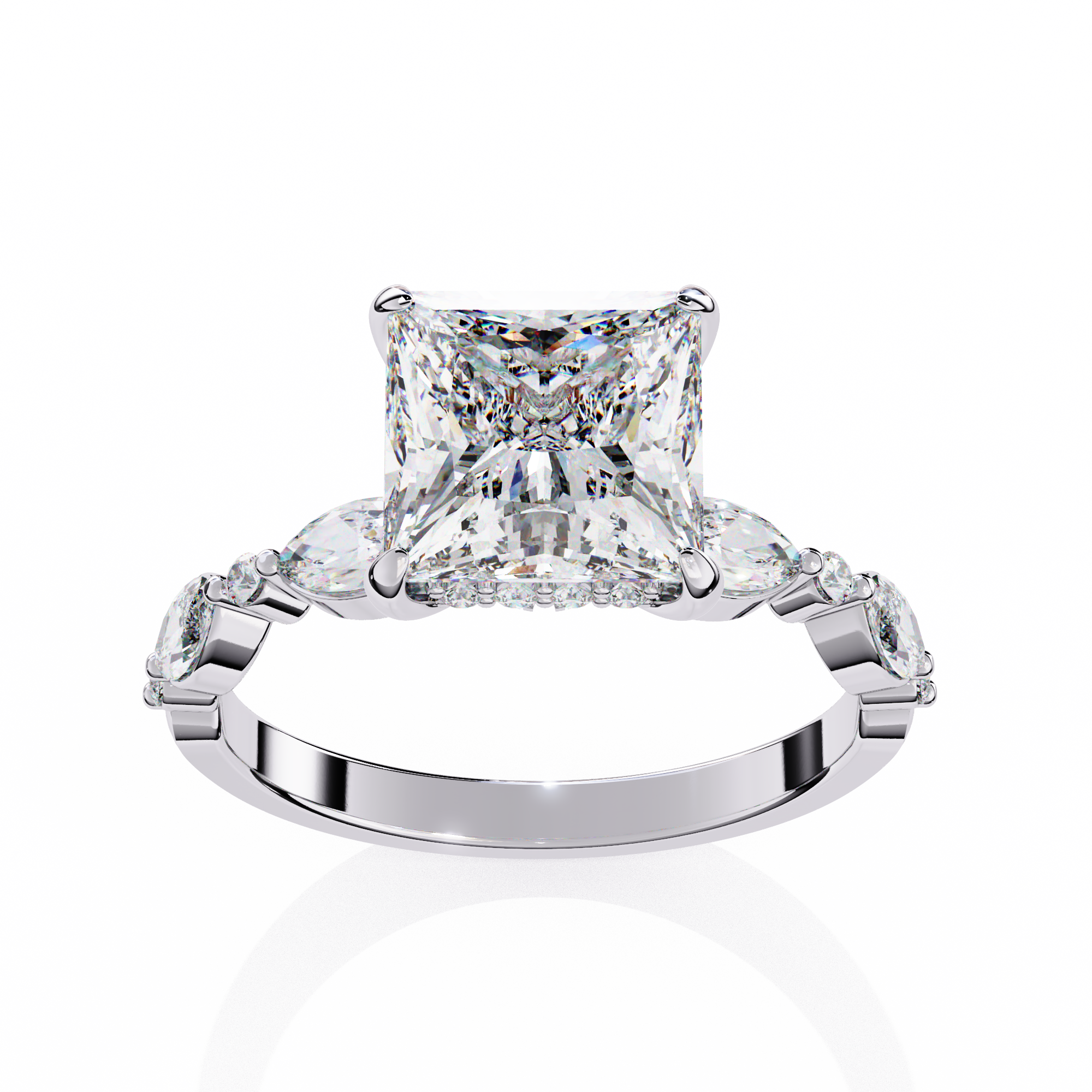 Diamond ring with a prominent central diamond and smaller diamonds on the sides against a white background