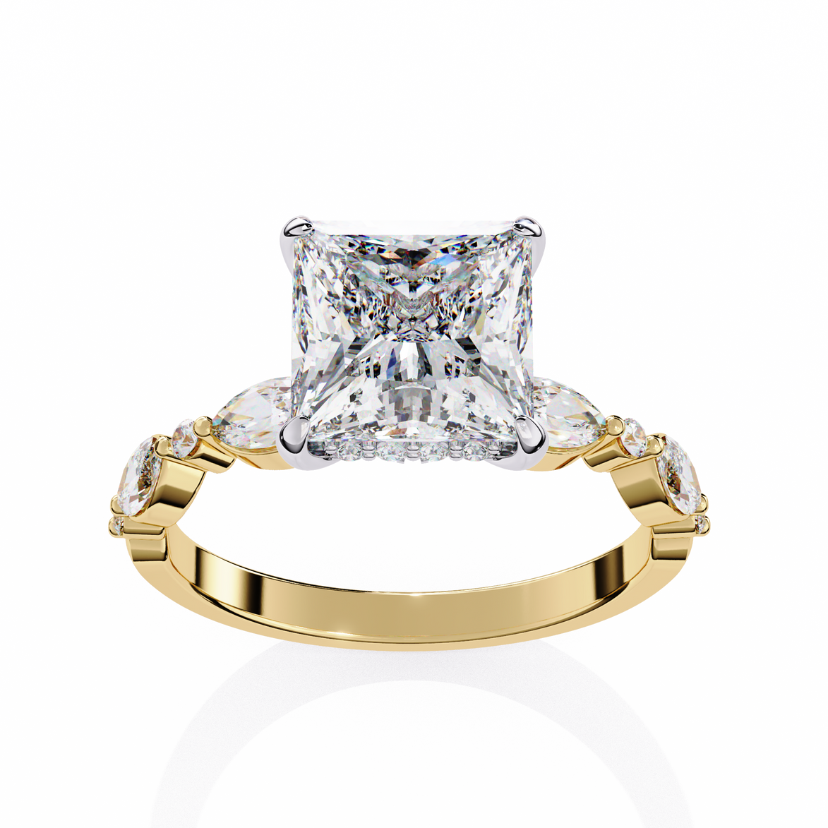Gold ring with a large diamond and smaller diamonds on the sides against a white background