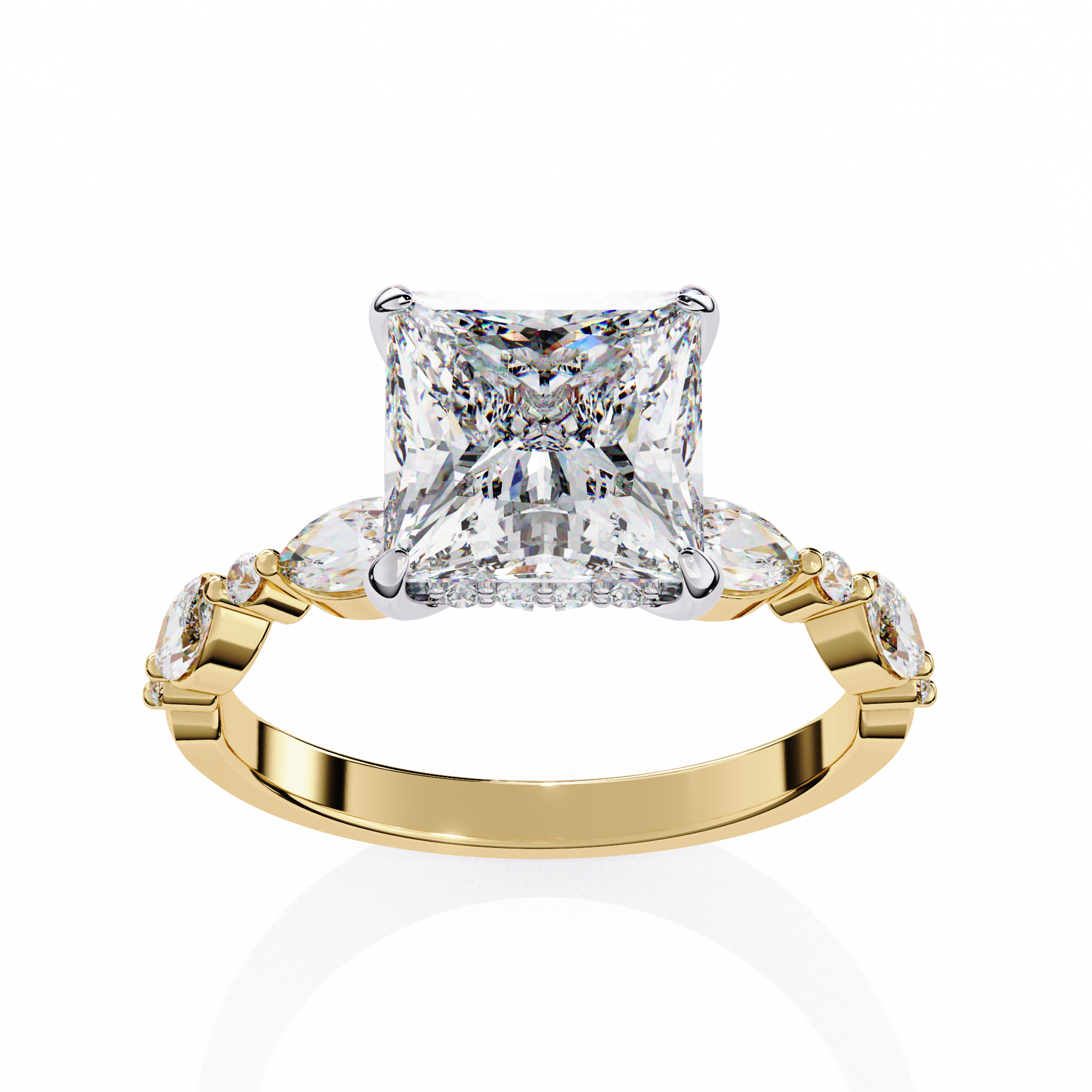 Gold ring with a large diamond and smaller diamonds on the sides against a white background