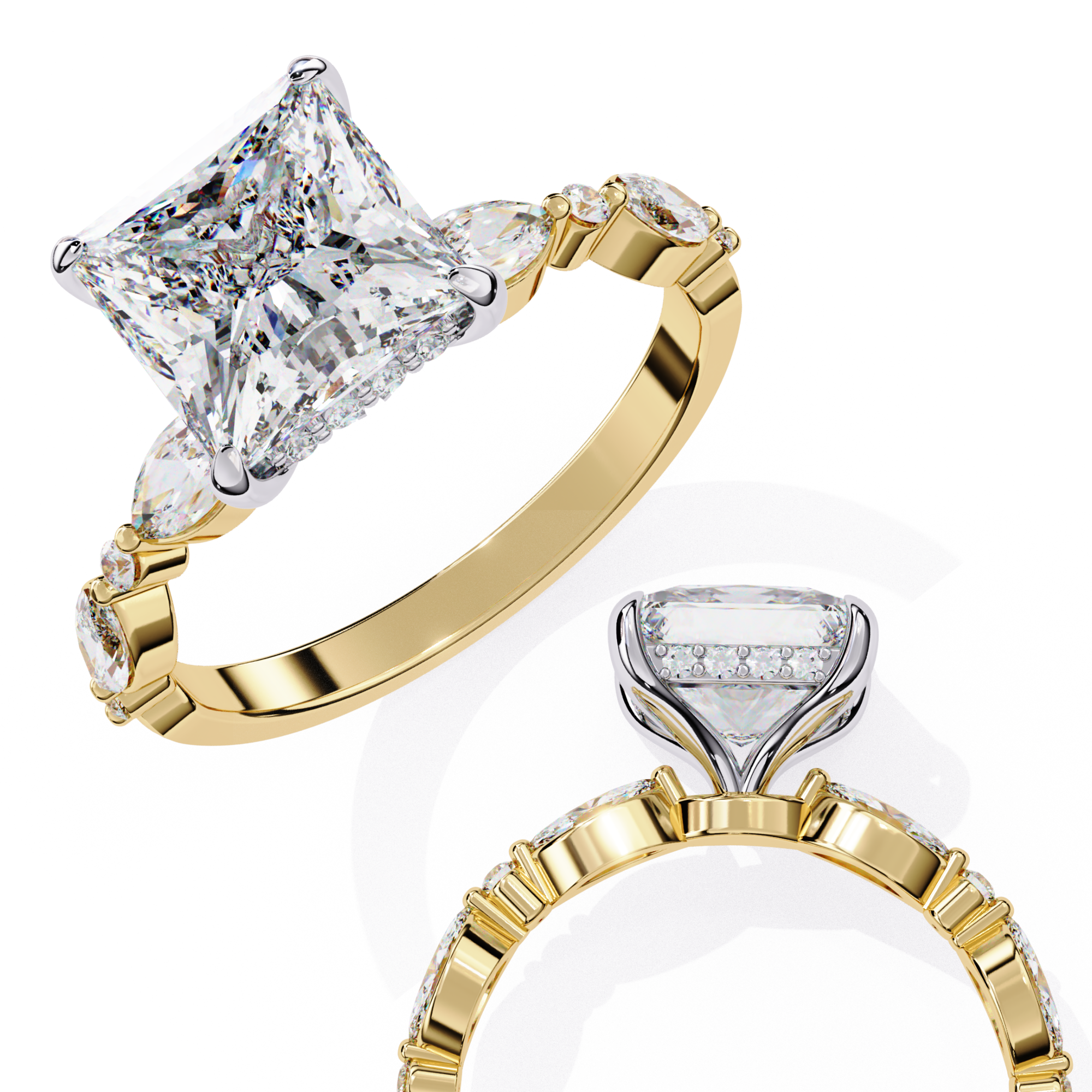 Two gold diamond rings on a white background