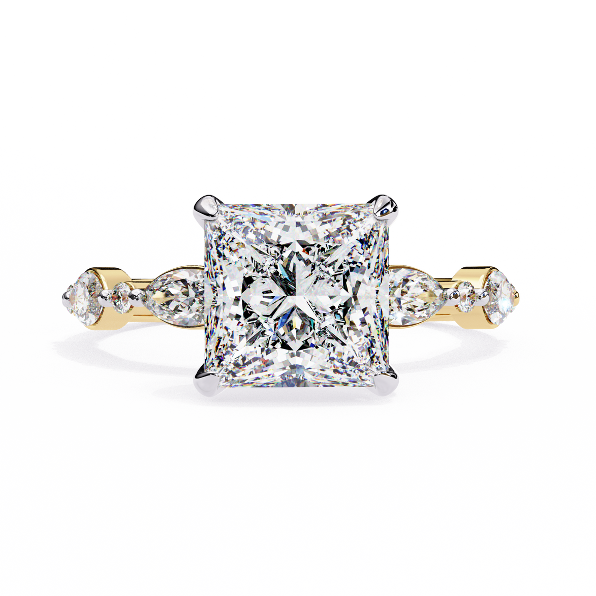 Diamond ring with a yellow gold band on a white background