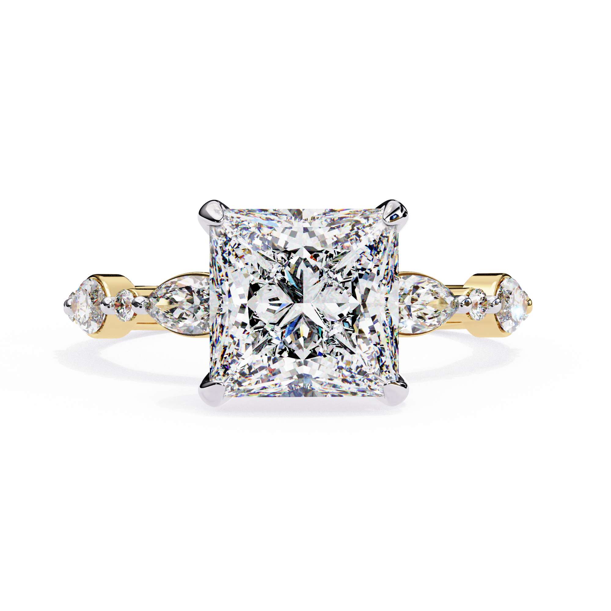 Diamond ring with a yellow gold band on a white background