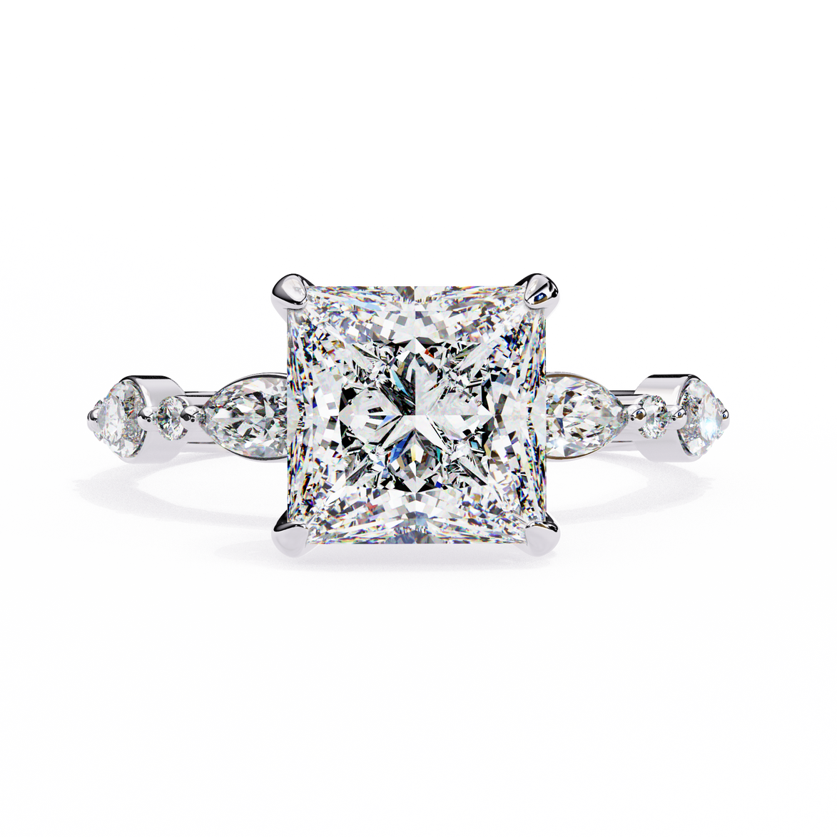 Diamond ring with a square-cut center stone on a white background