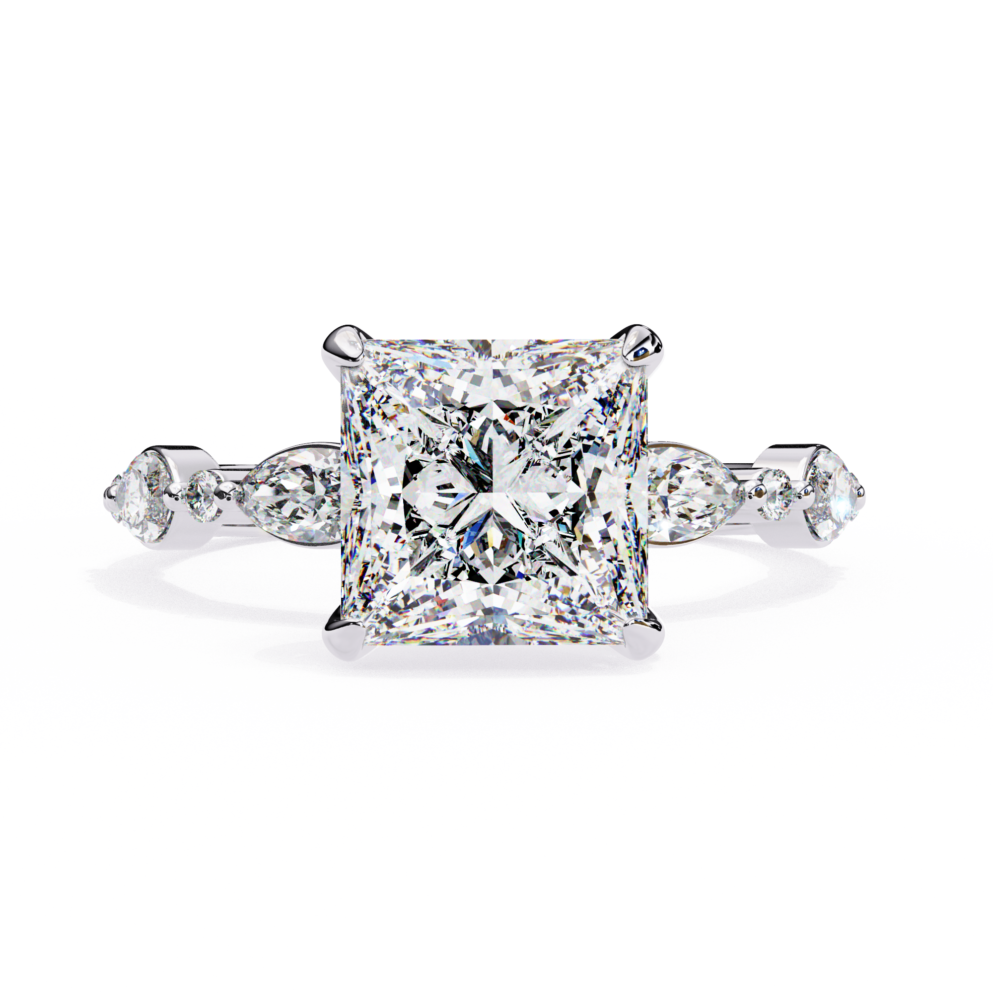 Diamond ring with a square-cut center stone on a white background