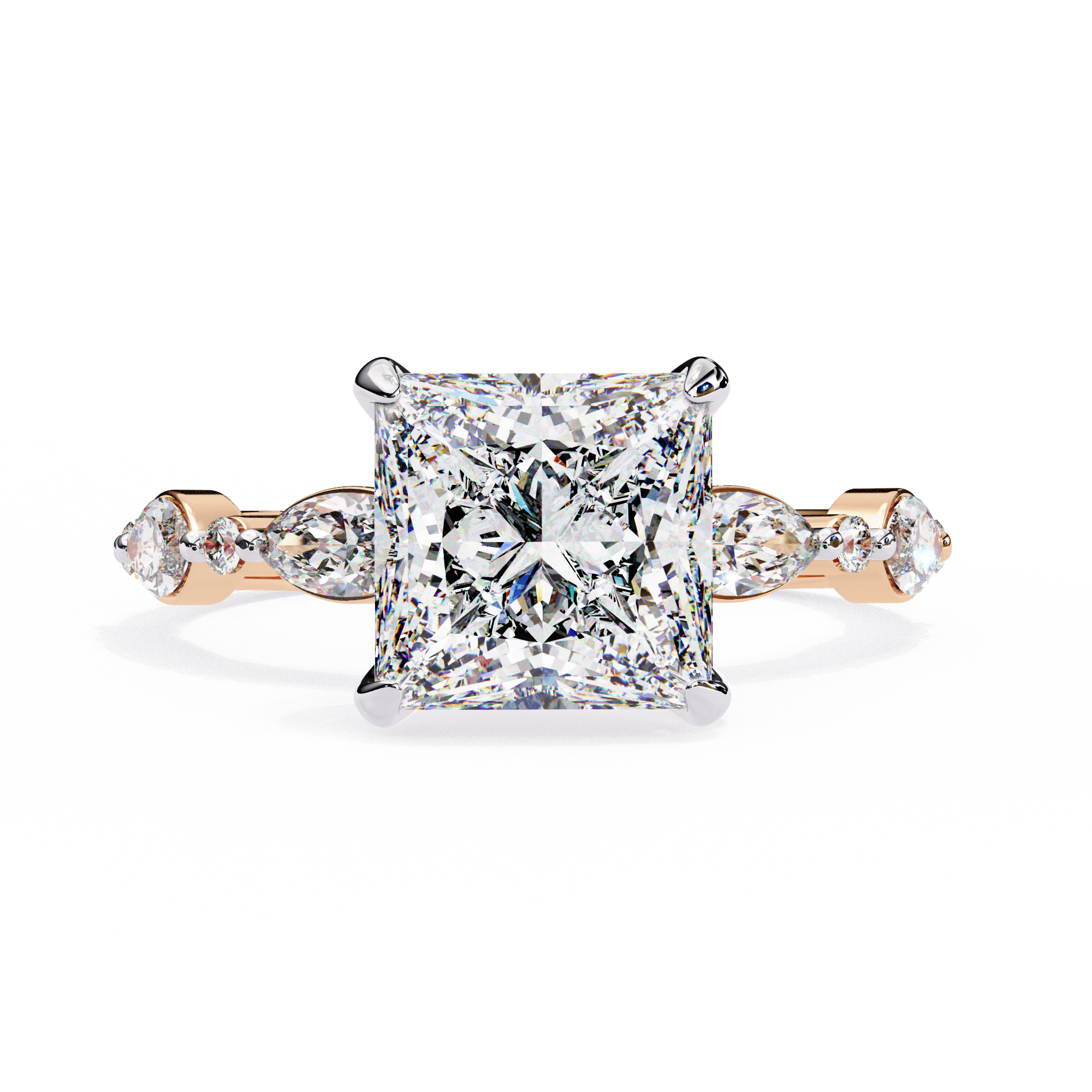 Diamond ring with a yellow gold band on a white background