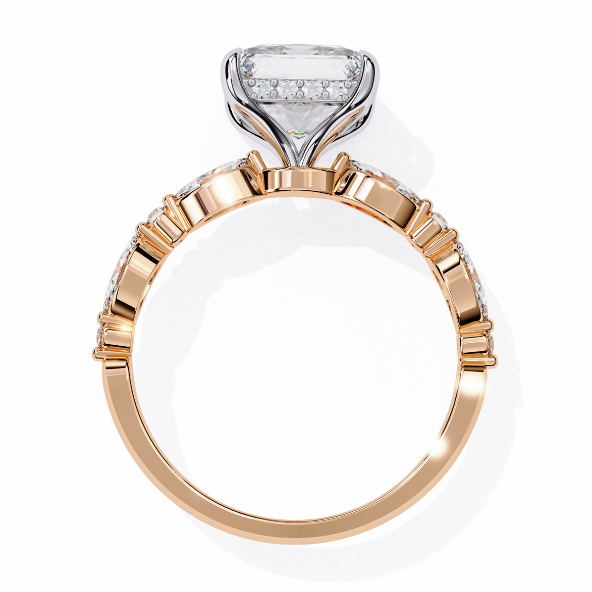 Rose gold ring with diamond accents on a white background