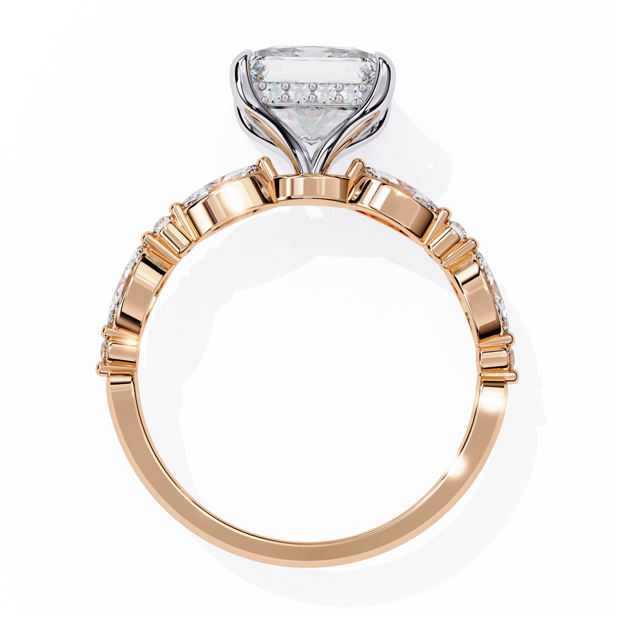Rose gold ring with diamond accents on a white background