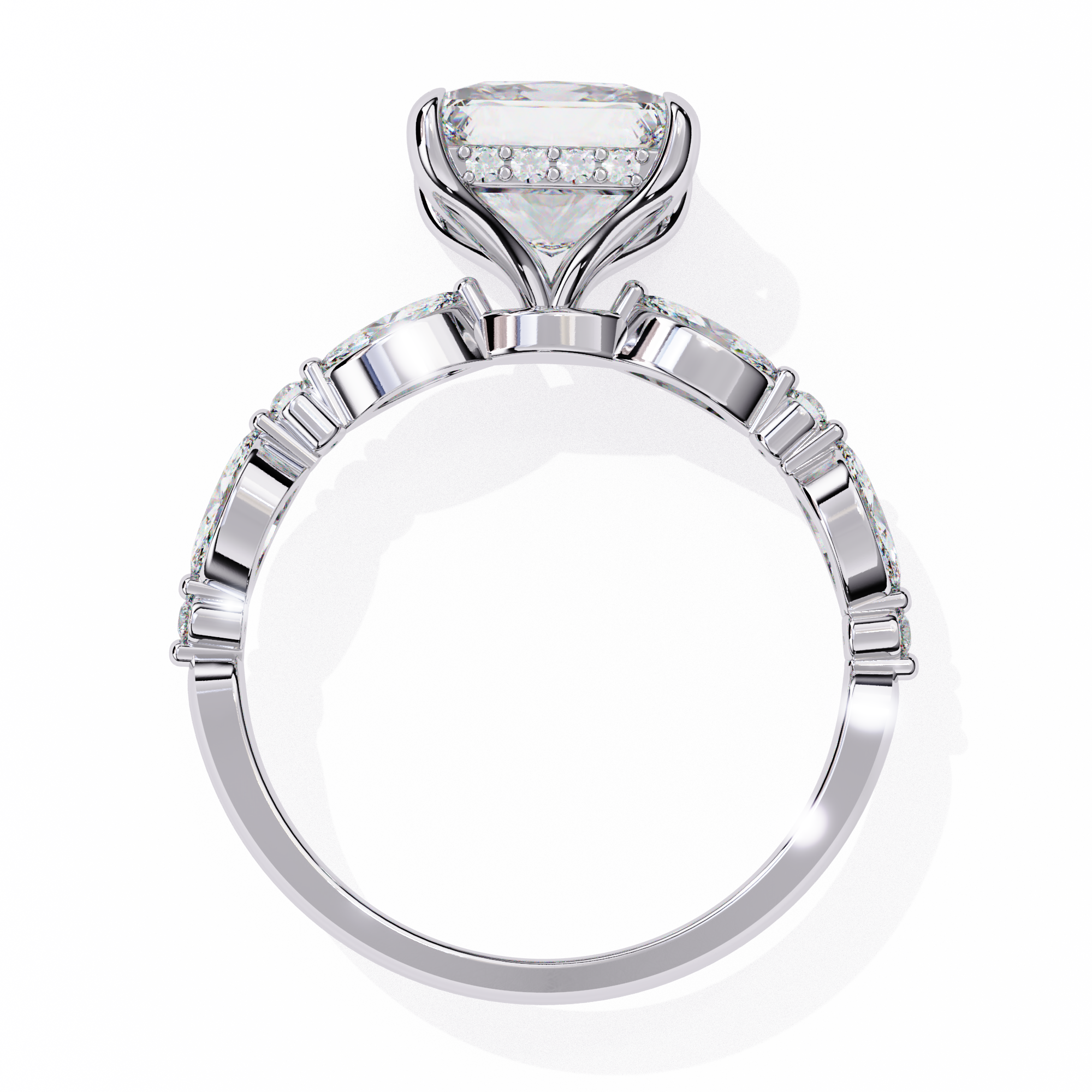 Silver ring with diamond accents on a white background