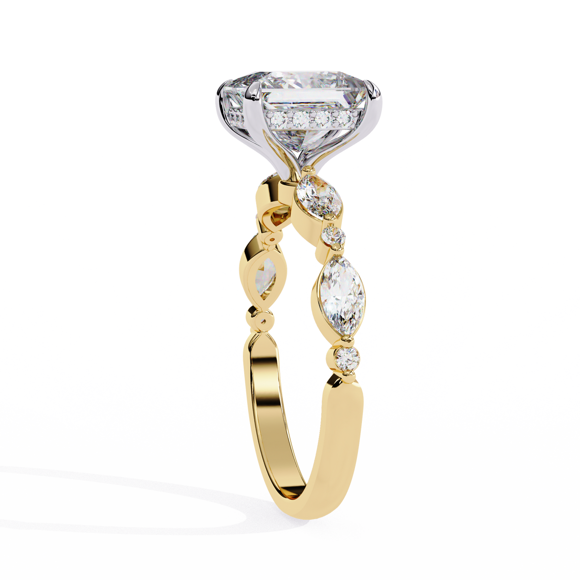 Gold ring with a large diamond and smaller stones on a white background