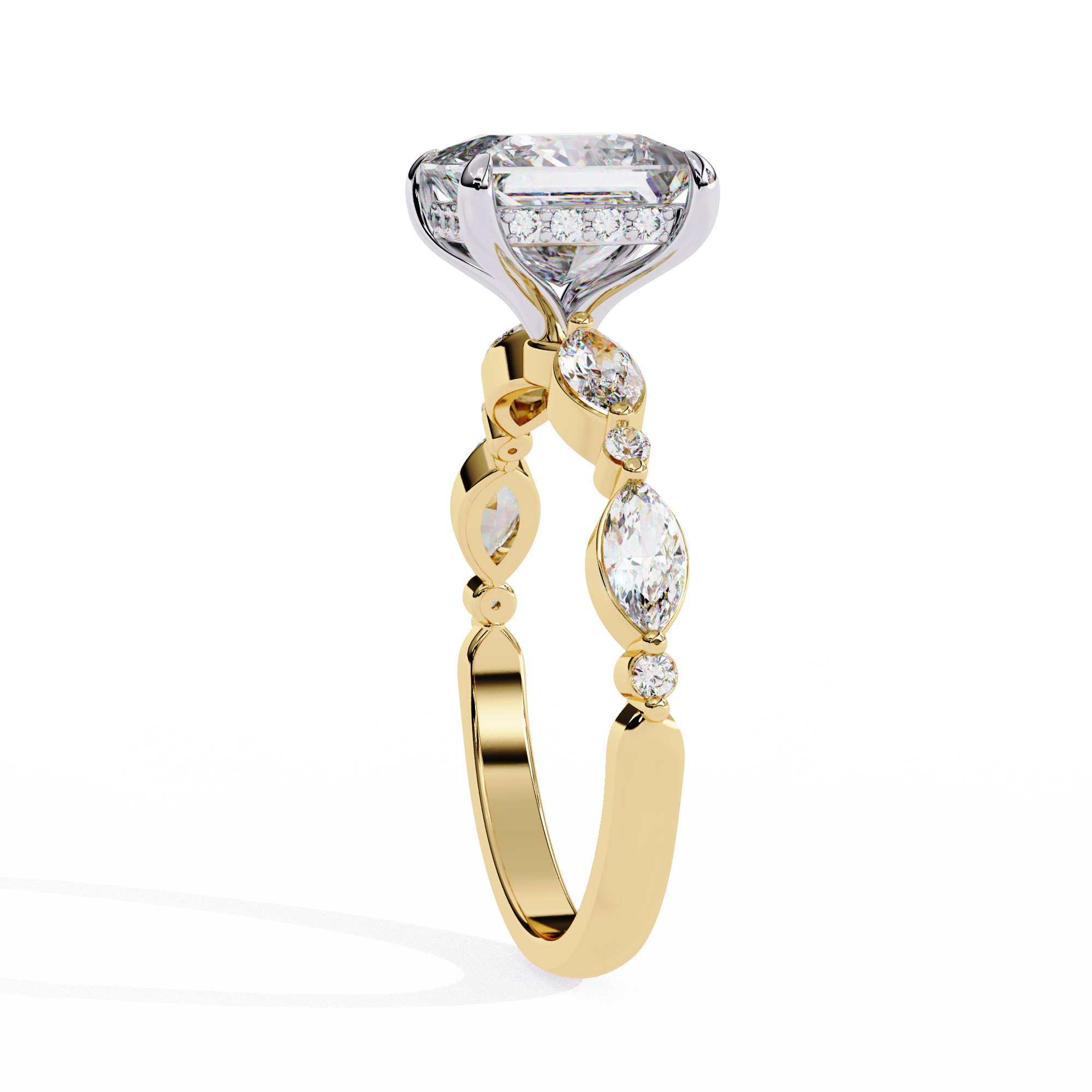 Gold ring with a large diamond and smaller stones on a white background
