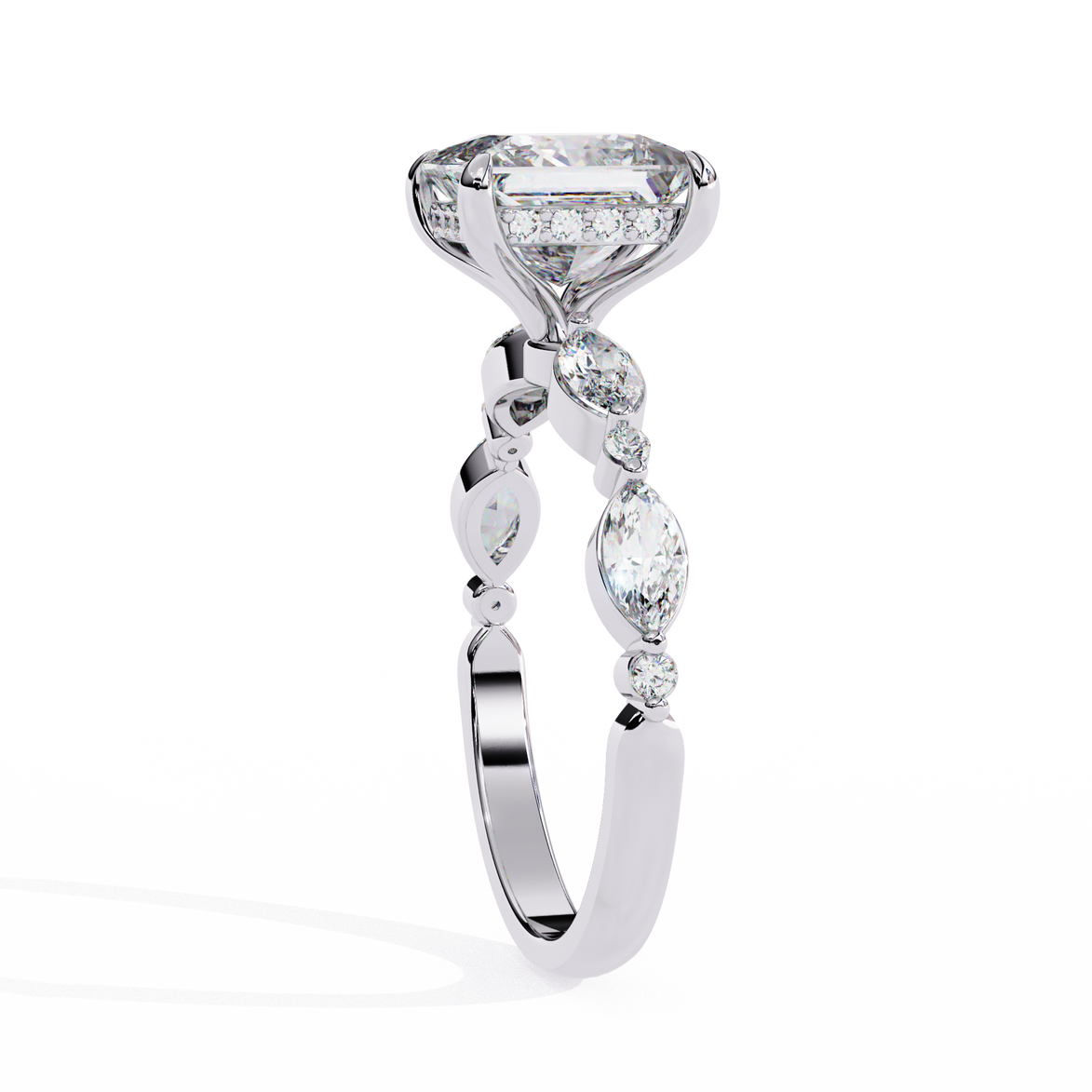 Diamond ring with a central large diamond and smaller diamonds on a white background