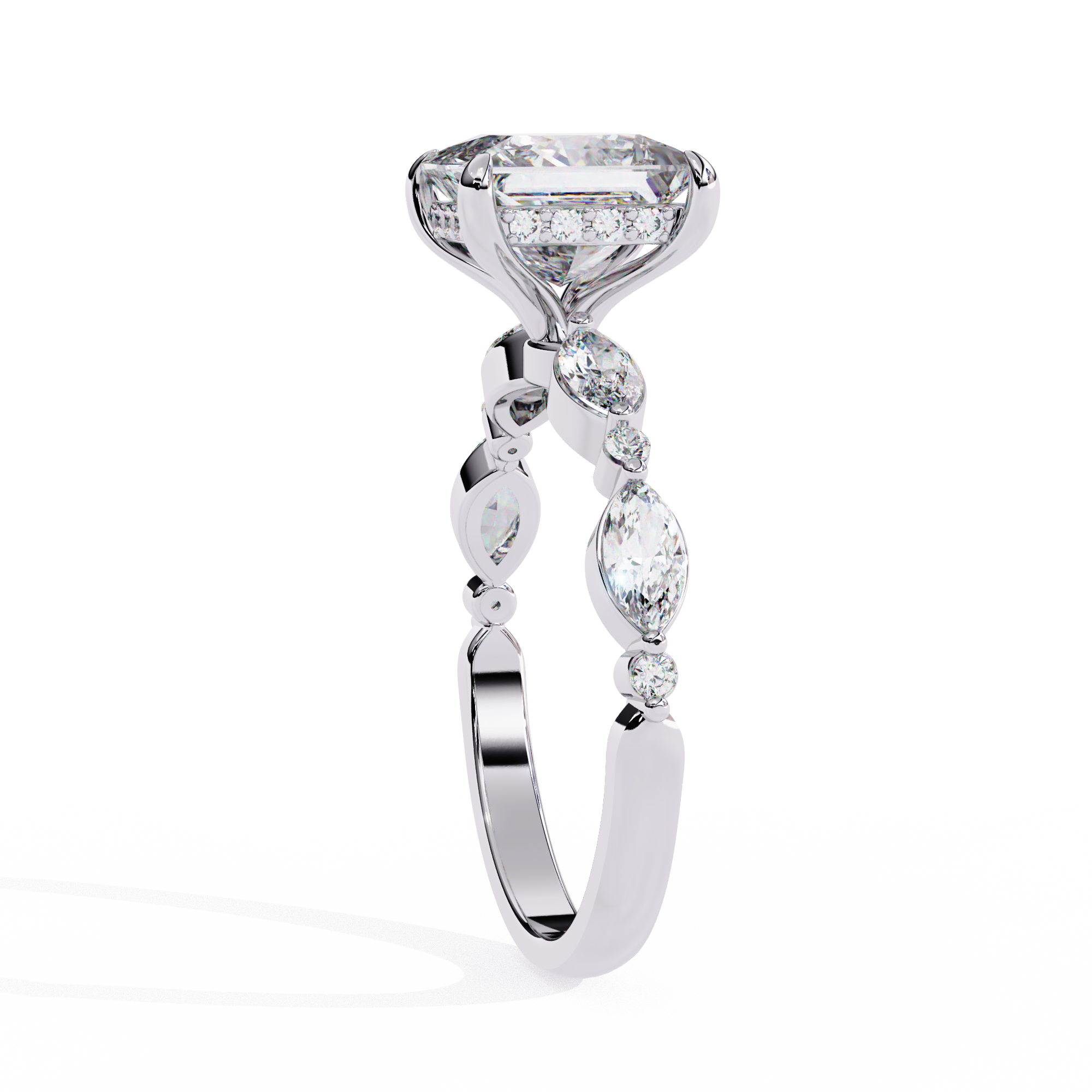 Diamond ring with a central large diamond and smaller diamonds on a white background