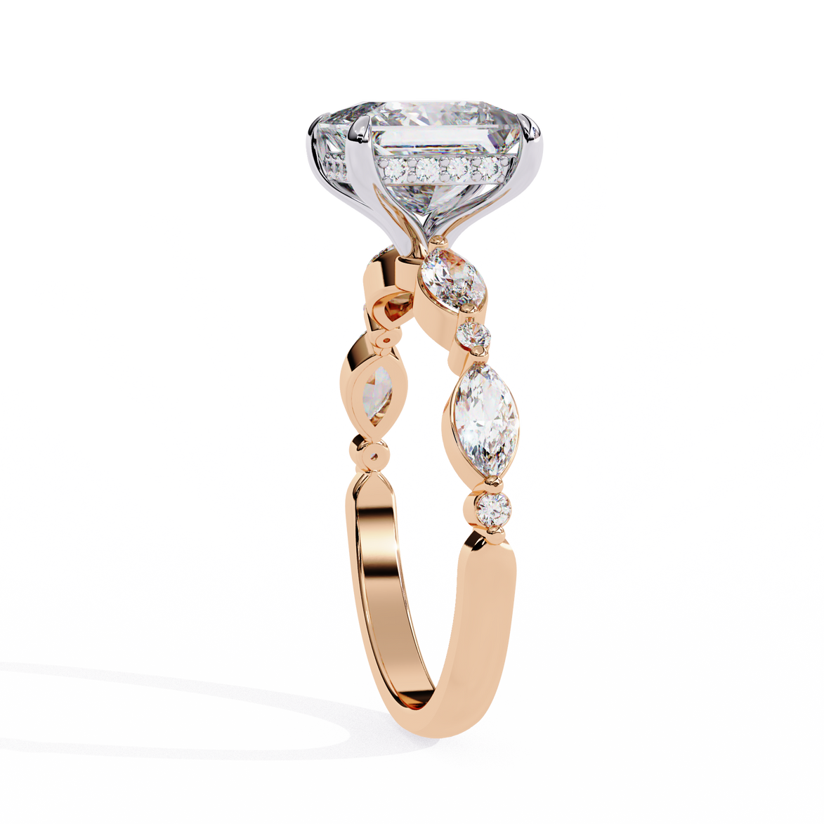 Rose gold ring with a large diamond and smaller stones on a white background