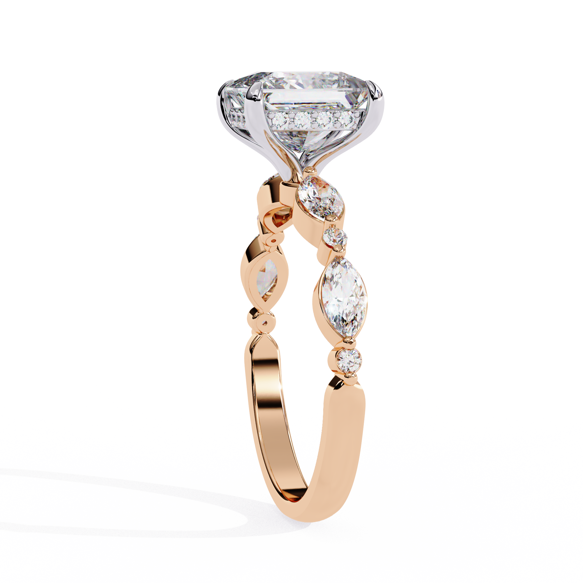 Rose gold ring with a large diamond and smaller stones on a white background