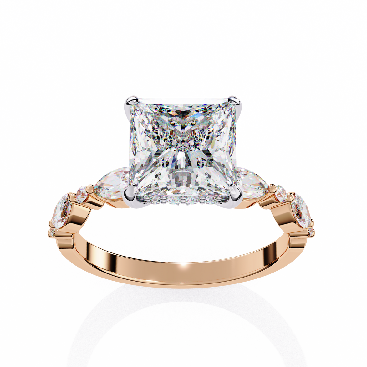 Rose gold ring with a large diamond and smaller diamonds on the sides against a white background