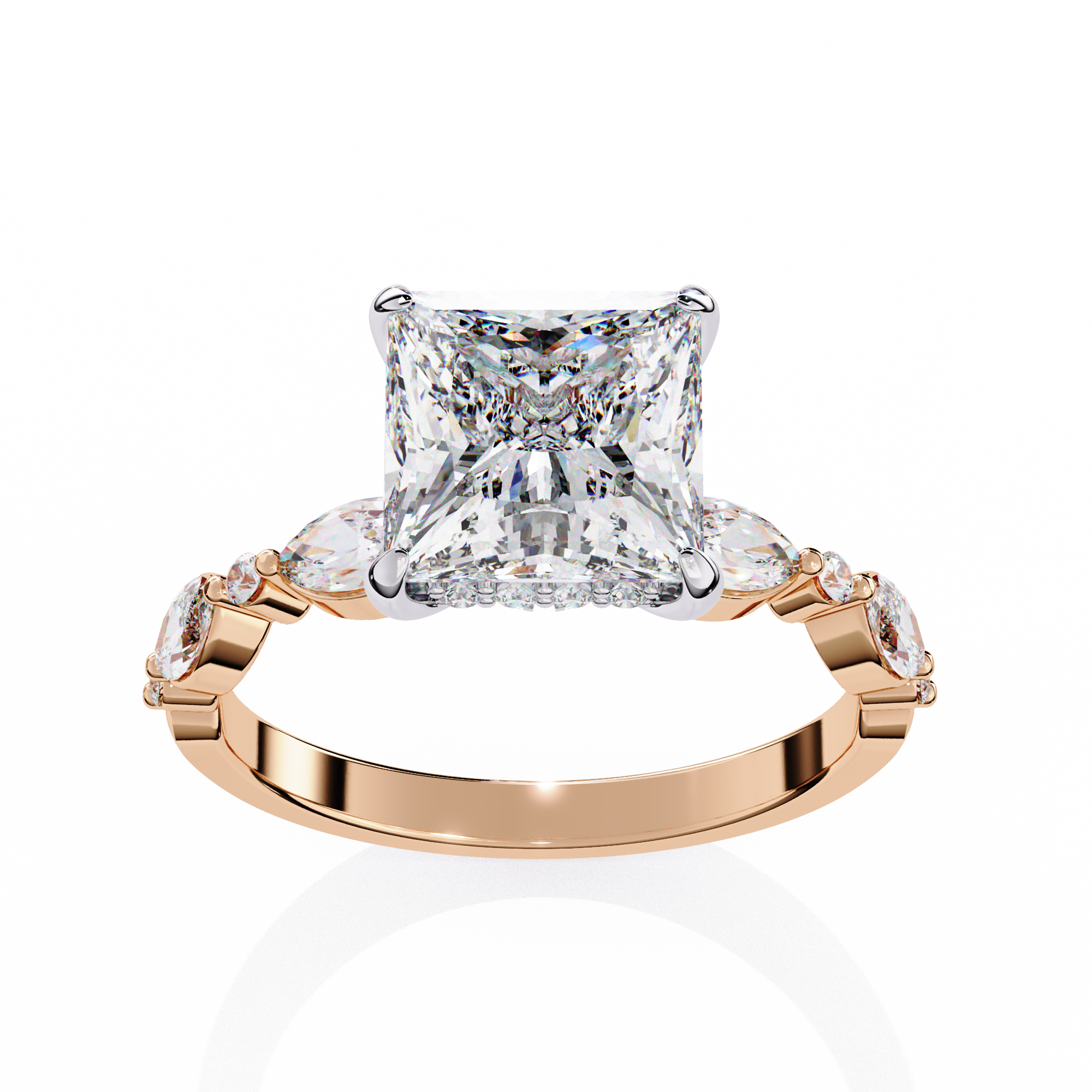Rose gold ring with a large diamond and smaller diamonds on the sides against a white background