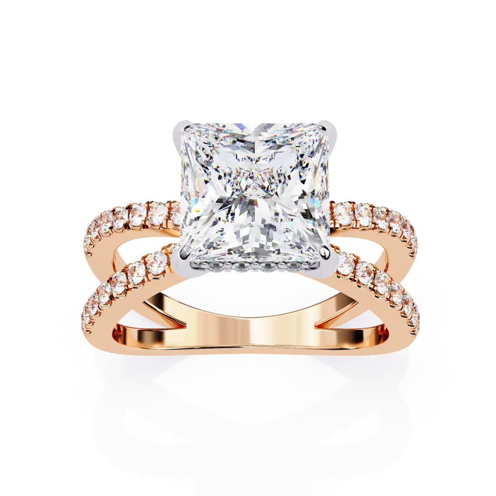 Rose gold ring with a large diamond and smaller diamonds on the band against a white background