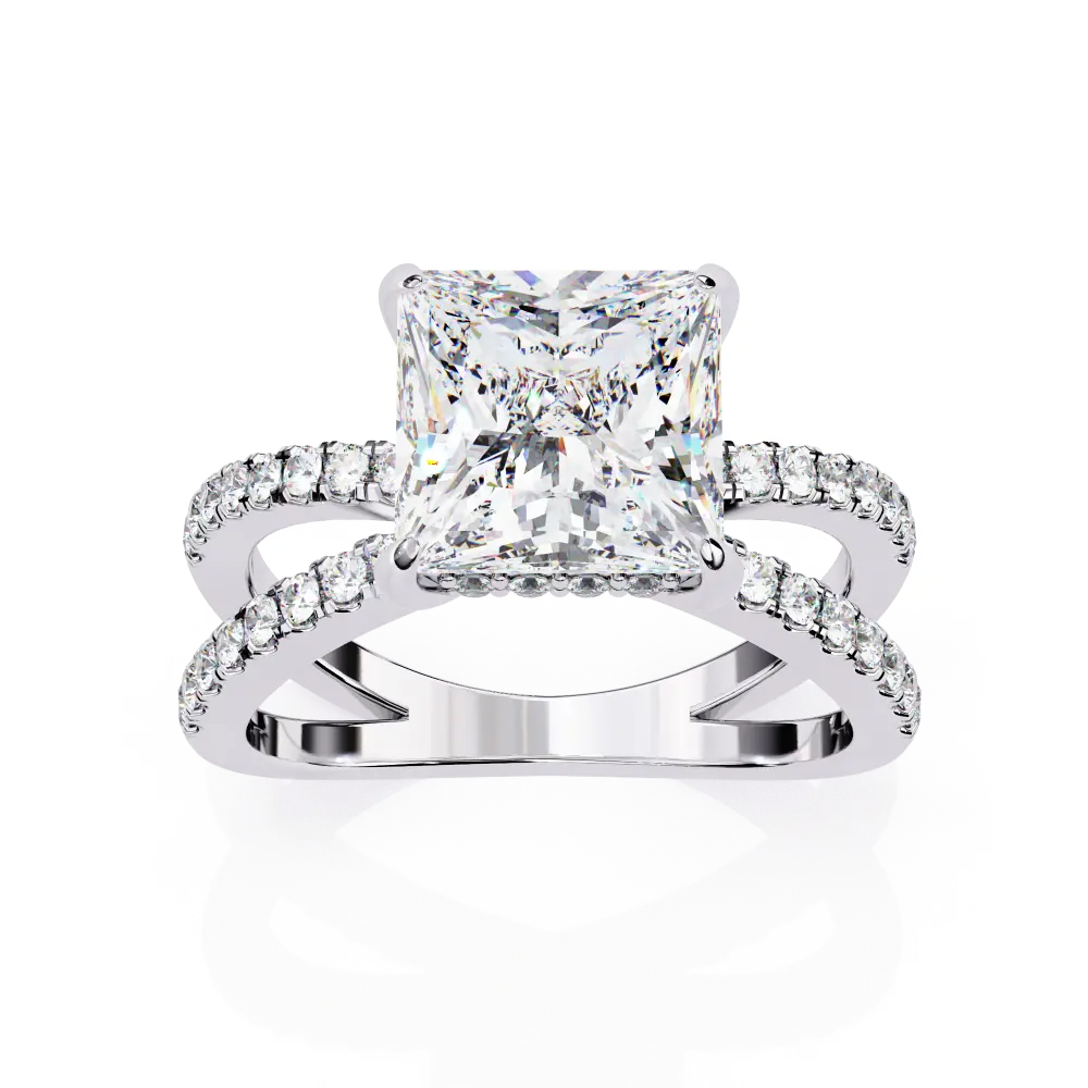 Diamond ring with a prominent central gemstone on a white background