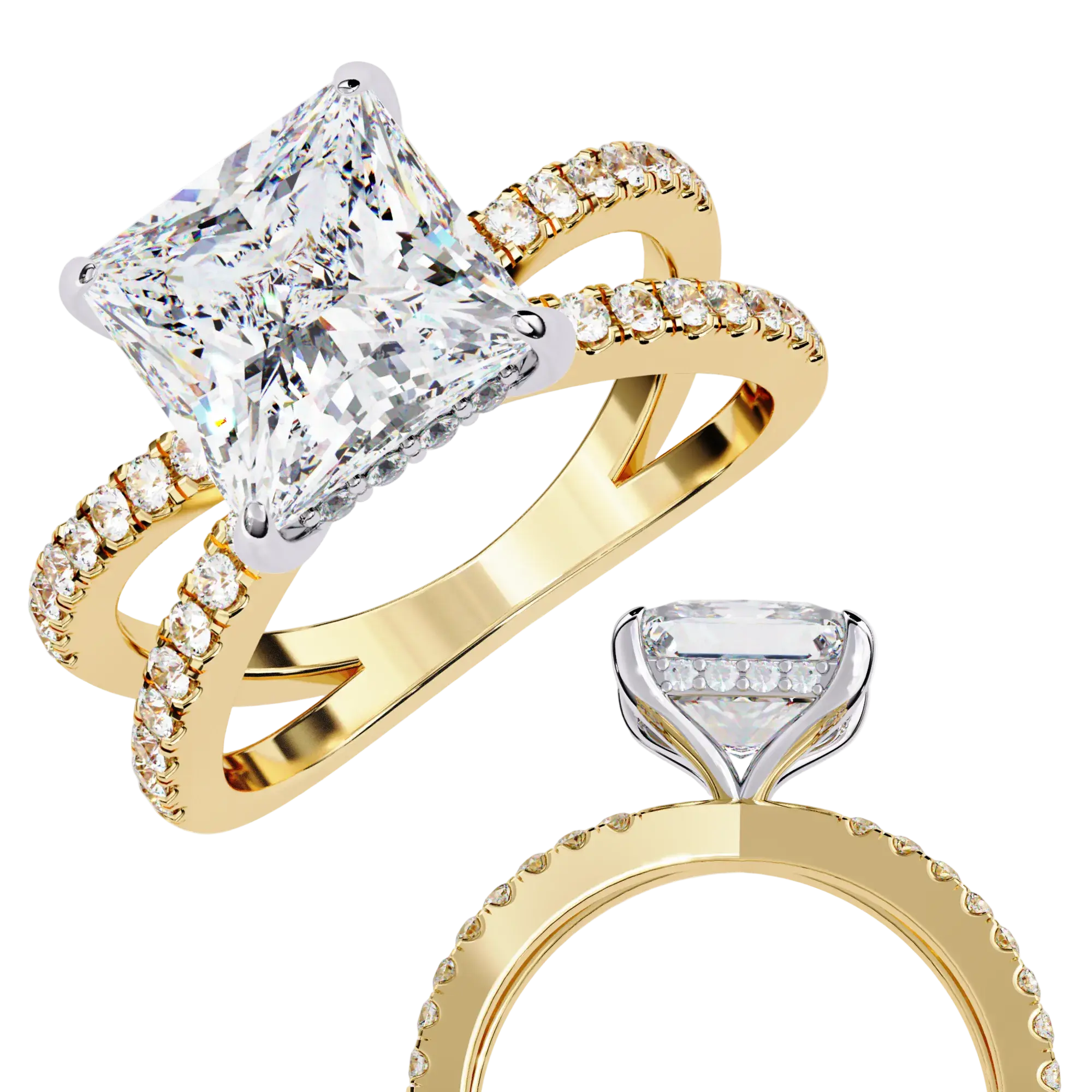 Gold ring with a large diamond and smaller diamonds on a white background