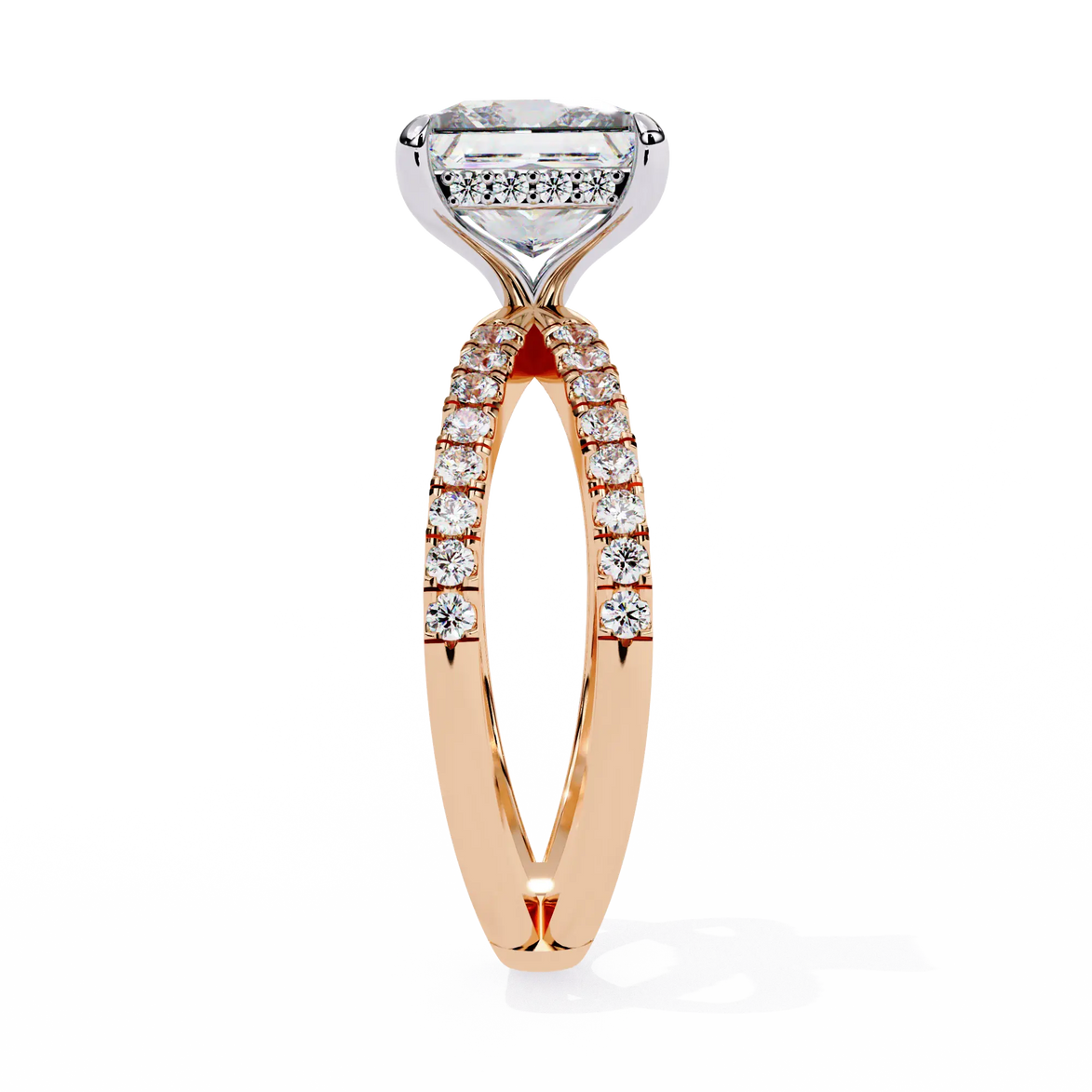 Rose gold ring with a diamond on a white background