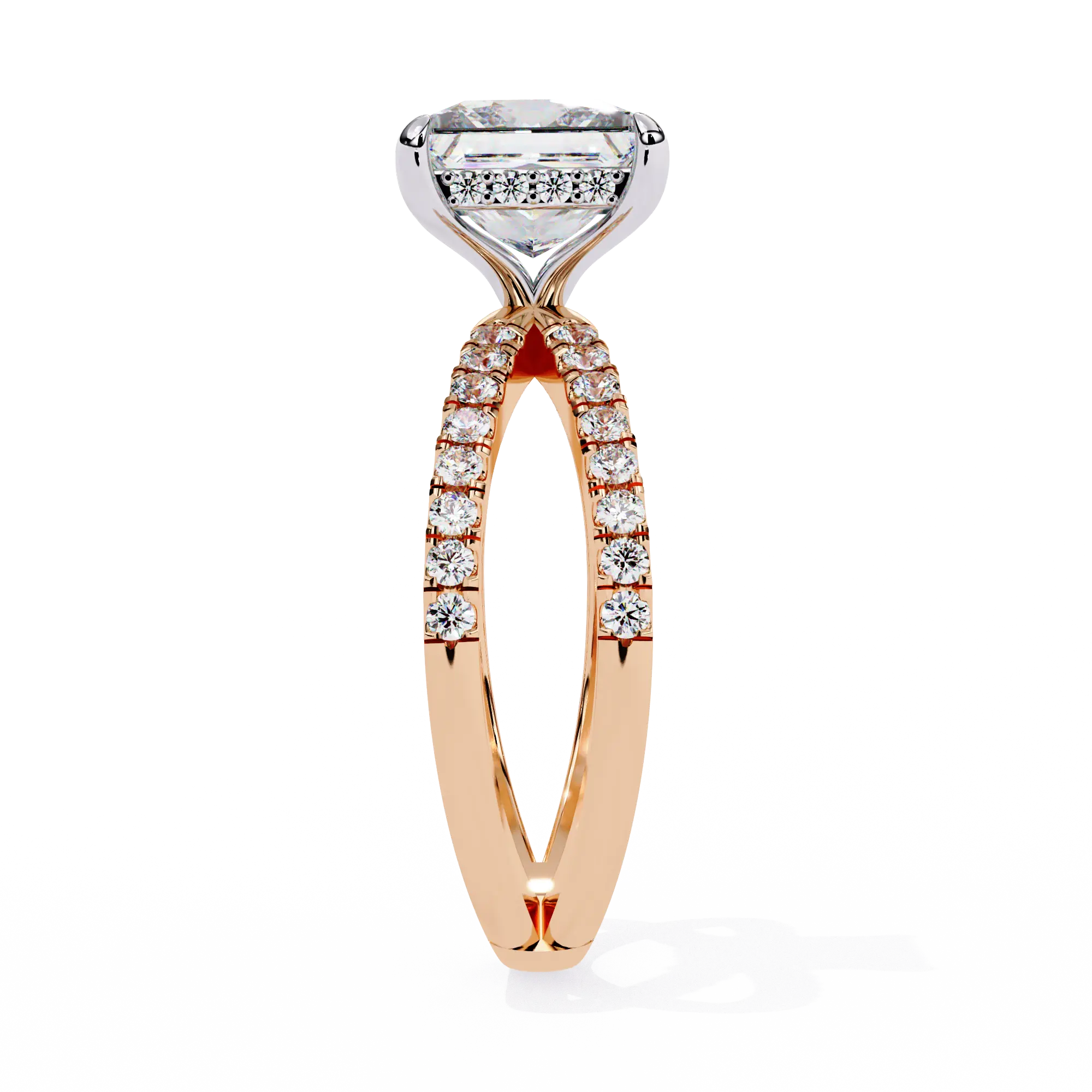 Rose gold ring with a diamond on a white background