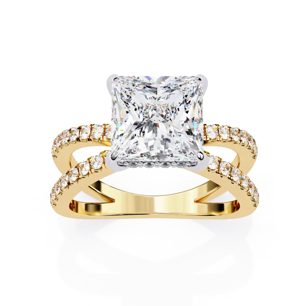 Gold ring with a large diamond and smaller diamonds on the band against a white background